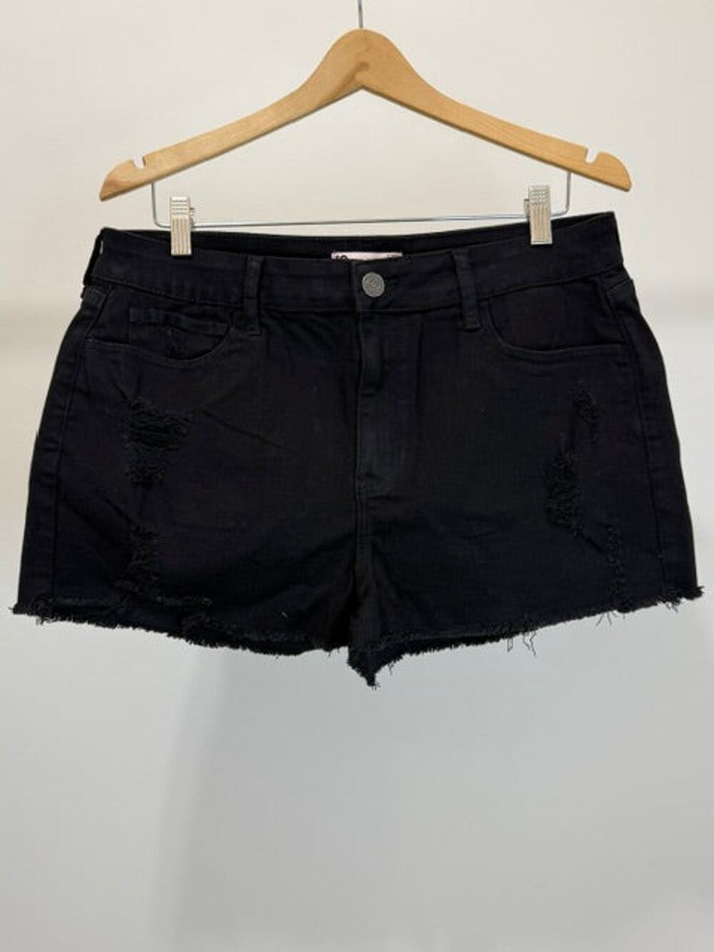 SO High Rise Shortie Jean Shorts – Black – Sz 17/33W (Distressed, Raw Hem) NWOT